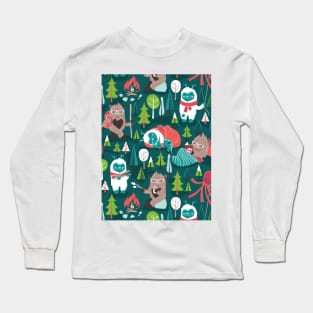 Besties // pattern // green background white Yeti brown Bigfoot aqua yellow green and teal pine trees red and coral details Long Sleeve T-Shirt